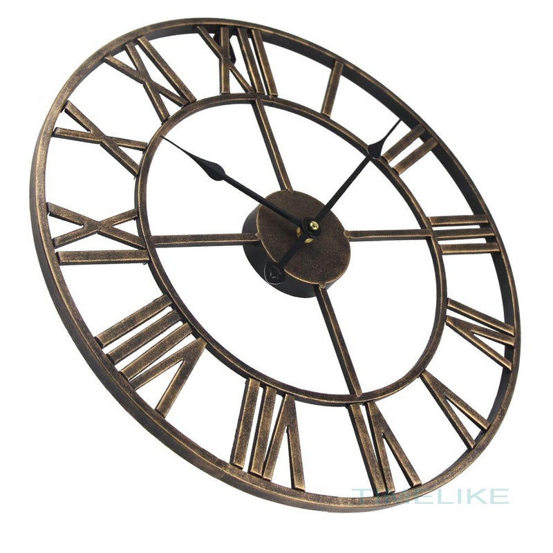 Timelike Large Roman Wall Clock, Rustic Vintage Metal Oversized Big Clock Home Living Room Art Decor (Gold, 16 Inch) - Image 2